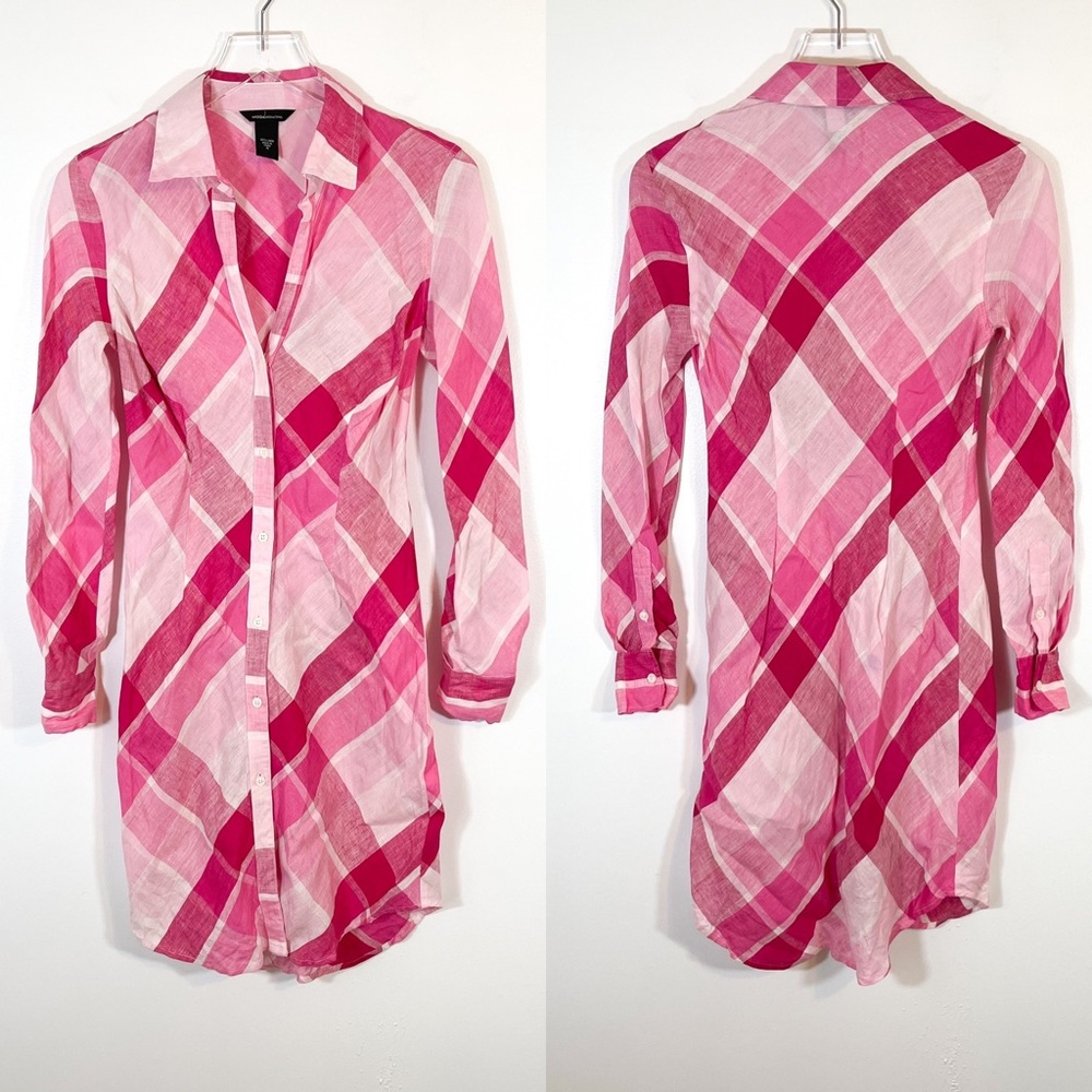 Victoria's Secret Moda International 100% LINEN Long Dress 4 Small Pink Plaid